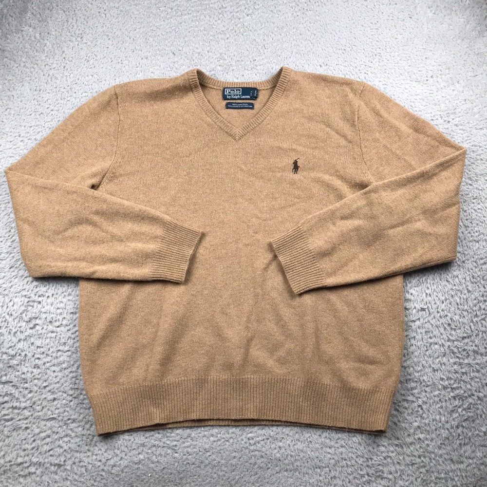 Polo Ralph Lauren‎ Sweater Mens L Tan 100% Lambswool Knit V Neck Pullover